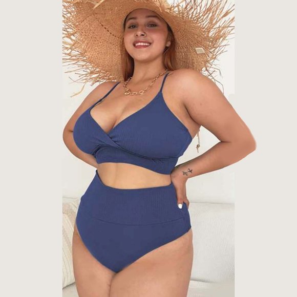 Plus Bikini Set Womens Size 16, 18, 20, 22 Blue Tie Back High Leg Swimsuits - Picture 6 of 8